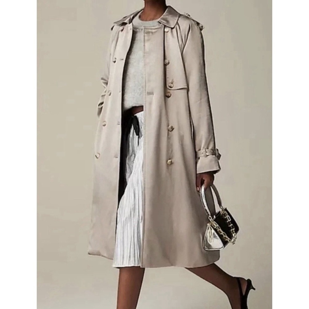 J Crew Collection Relaxed Trench Coat Size 00 Silver Satin Crepe PrimaLoft NWT